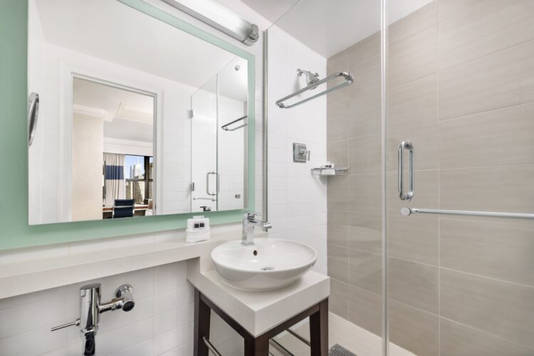 executive shower view with large shower room, sink wash basin and large vanity mirror