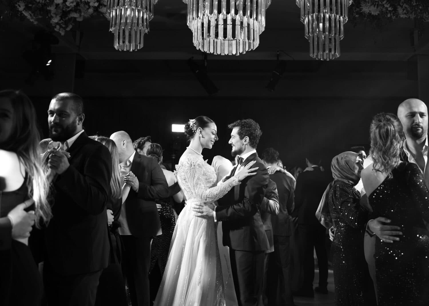 wedding couple dancing in black and white image