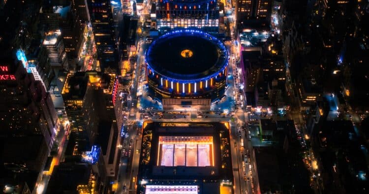 Aerial shot of Madison Square Garden at night time