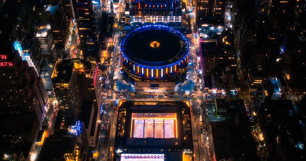 Aerial shot of Madison Square Garden at night time