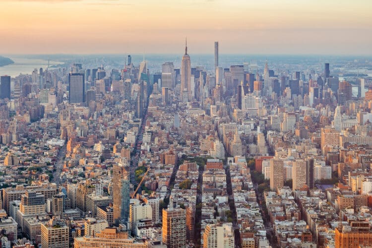 birseye view of new york city skyline in summer evening