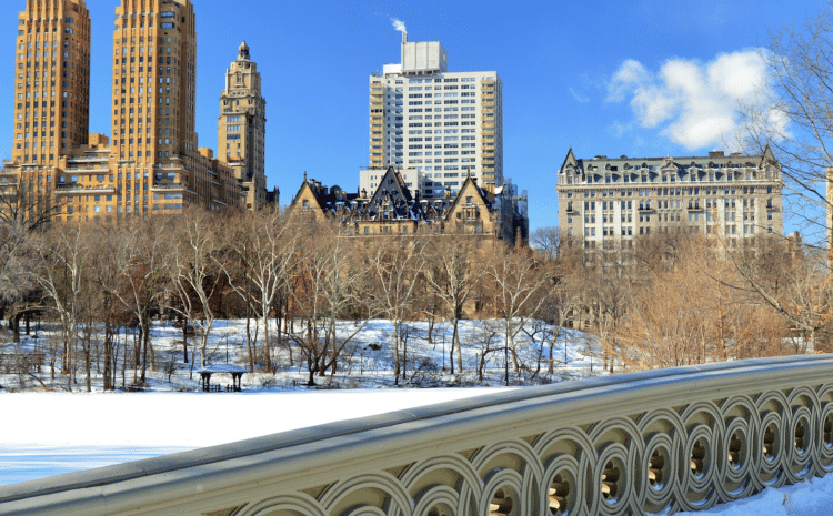 winter in new york, with snow along central park and clear blue skies