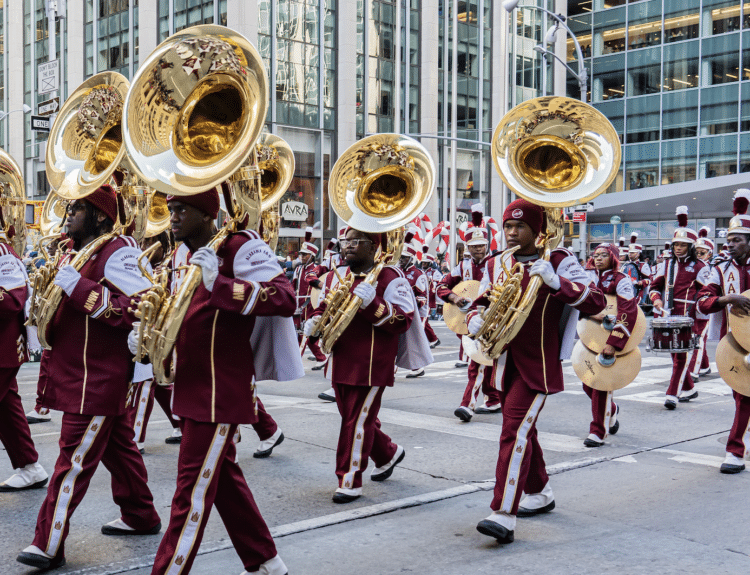 parade trumpet and band players along macy parade