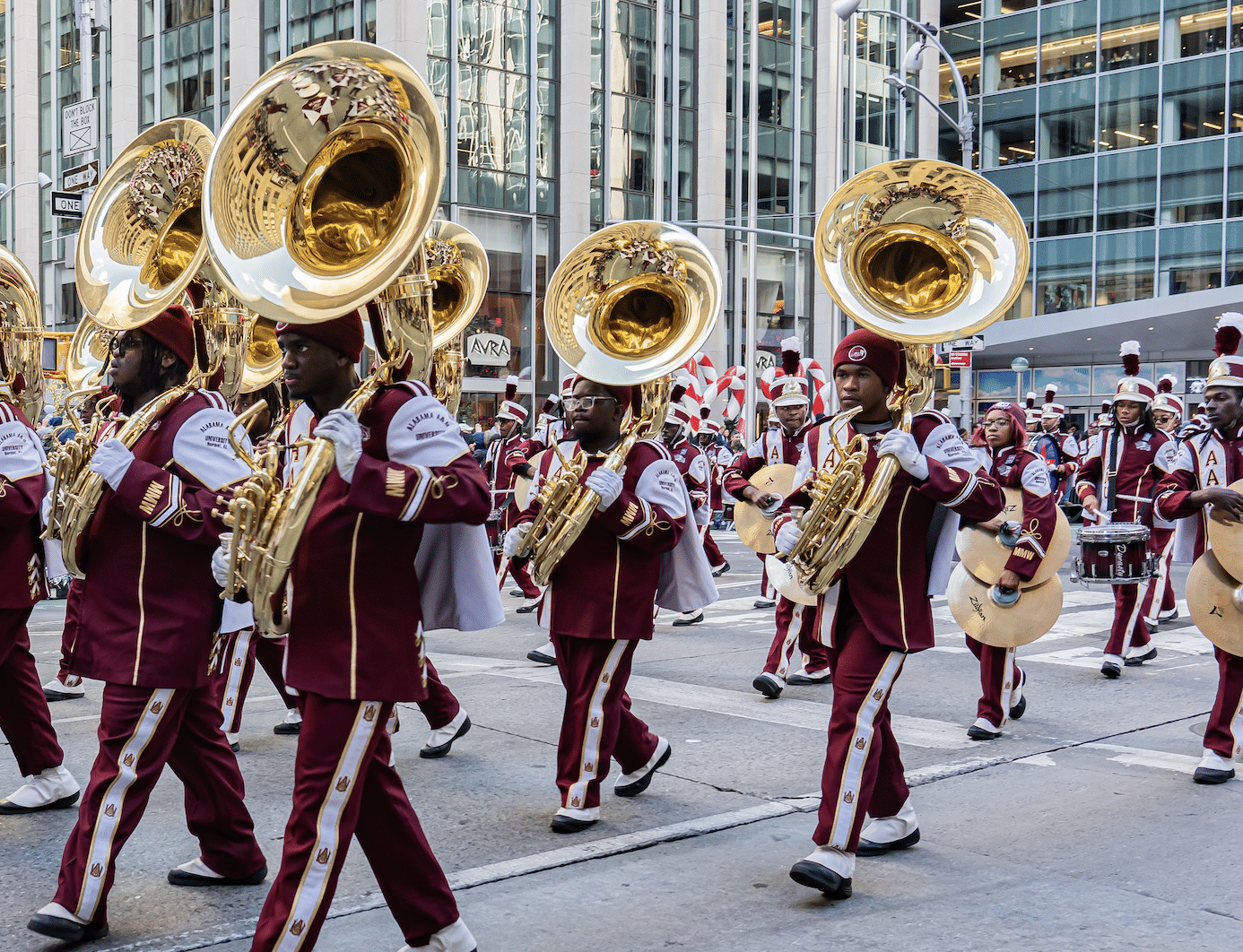 parade trumpet and band players along macy parade